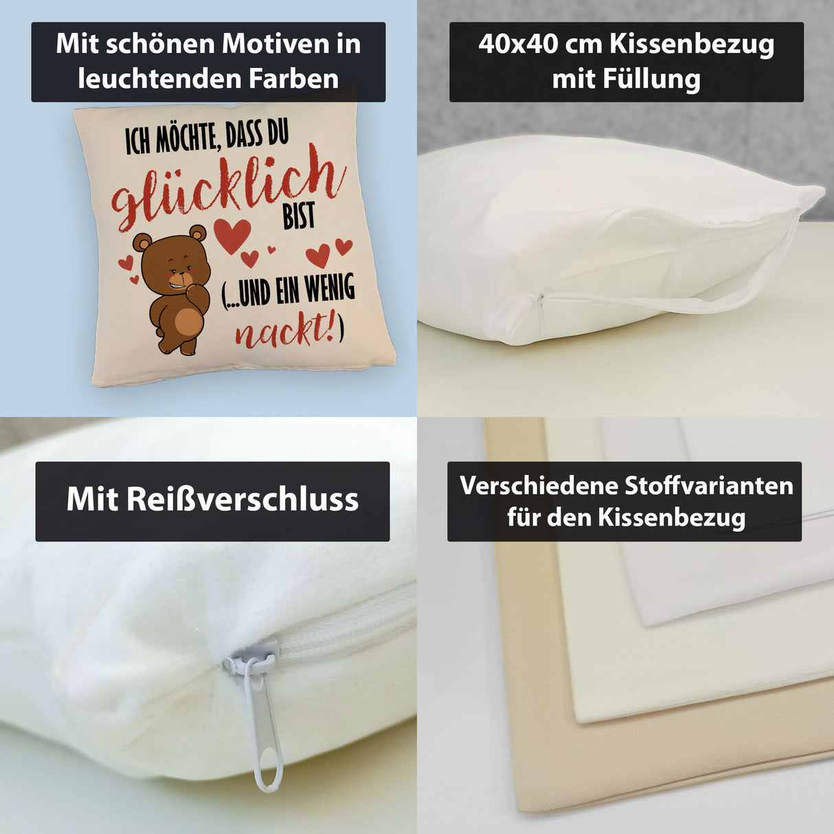 Knuddelbär Kissen mit Spruch Strebe nach Glück und Nacktheit