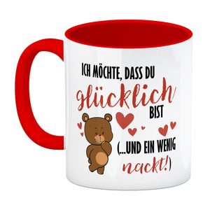 Knuddelbär Kaffeebecher mit Spruch Sei glücklich und etwas nackt