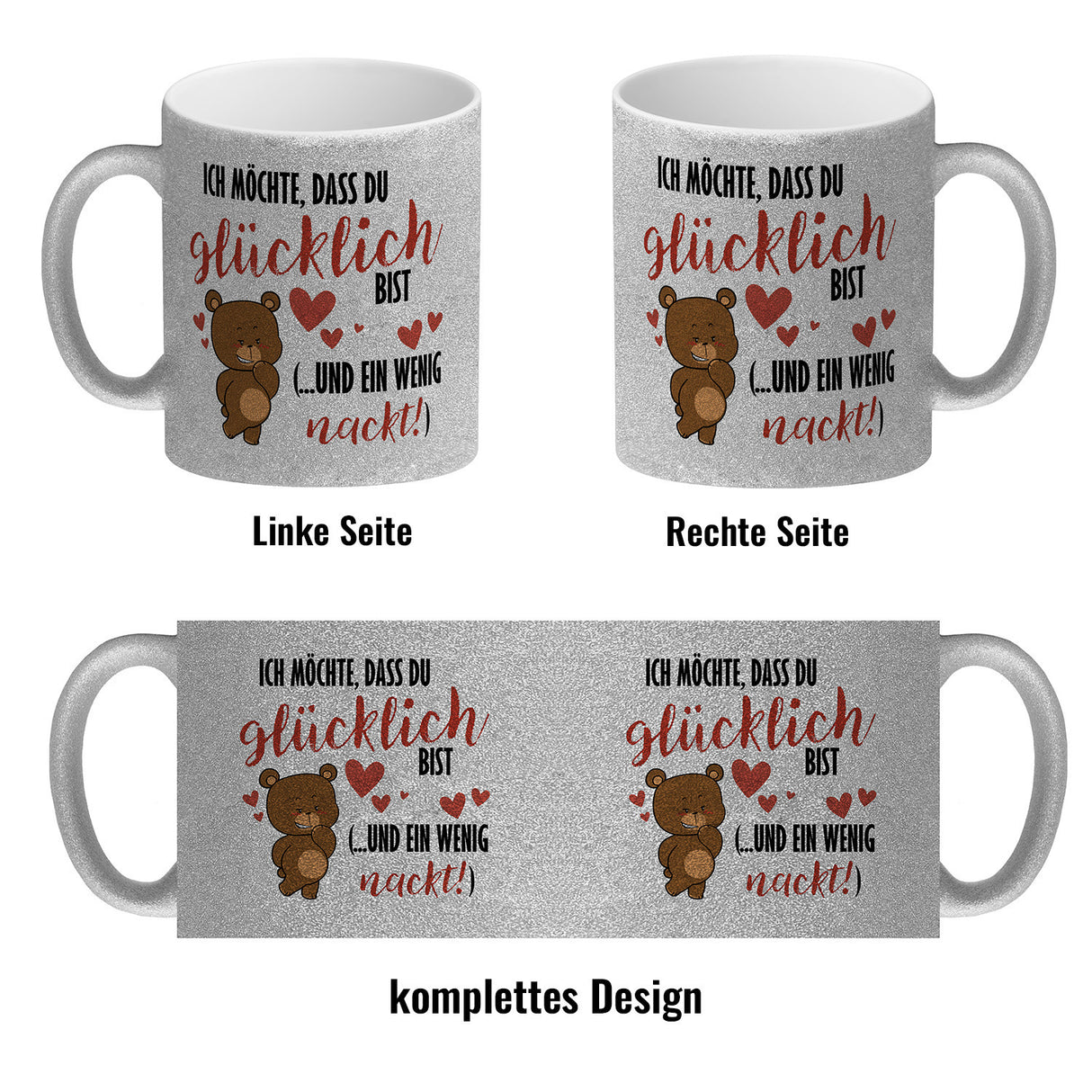 Knuddelbär Kaffeebecher mit Spruch Sei glücklich und etwas nackt