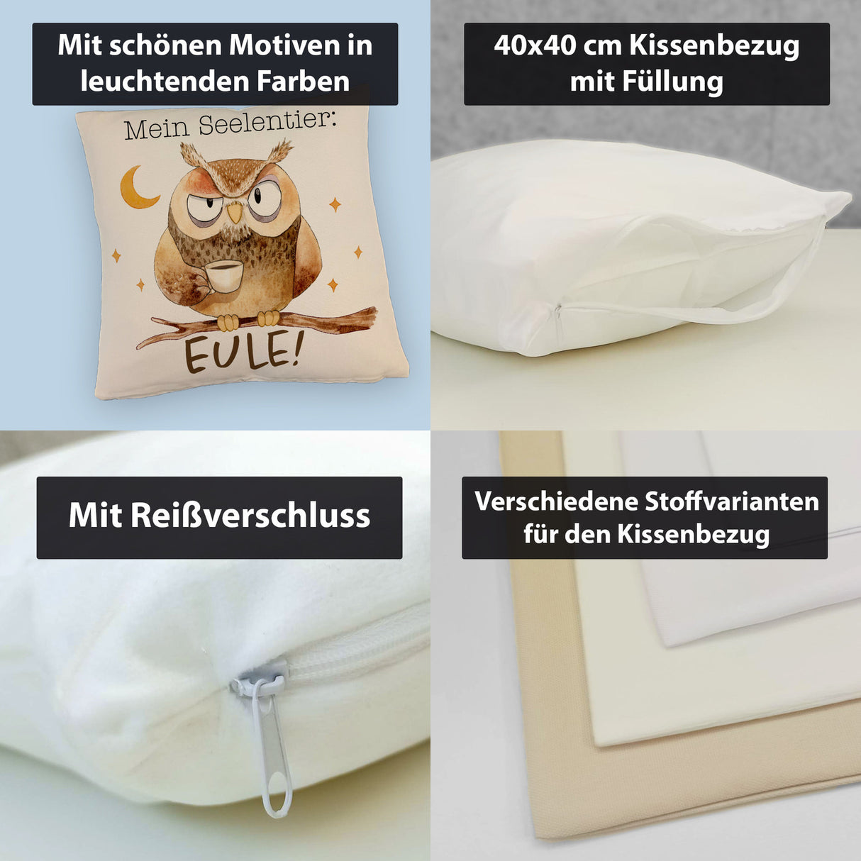 Eule Kissen mit Spruch Mein Seelentier Eule