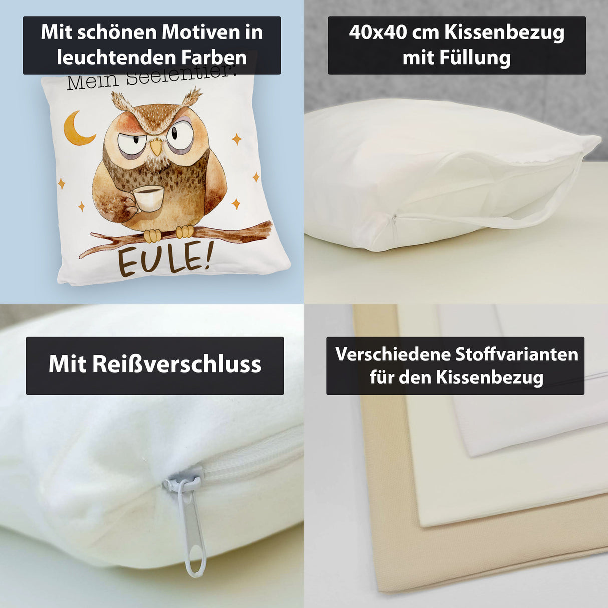 Eule Kissen mit Spruch Mein Seelentier Eule
