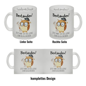 Bestandene Prüfung Eule Kaffeebecher mit Spruch Lizenz zum Klugscheißen