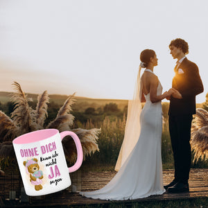 Trauzeugin Teddybär Kaffeebecher mit Spruch Ohne Dich nicht Ja sagen
