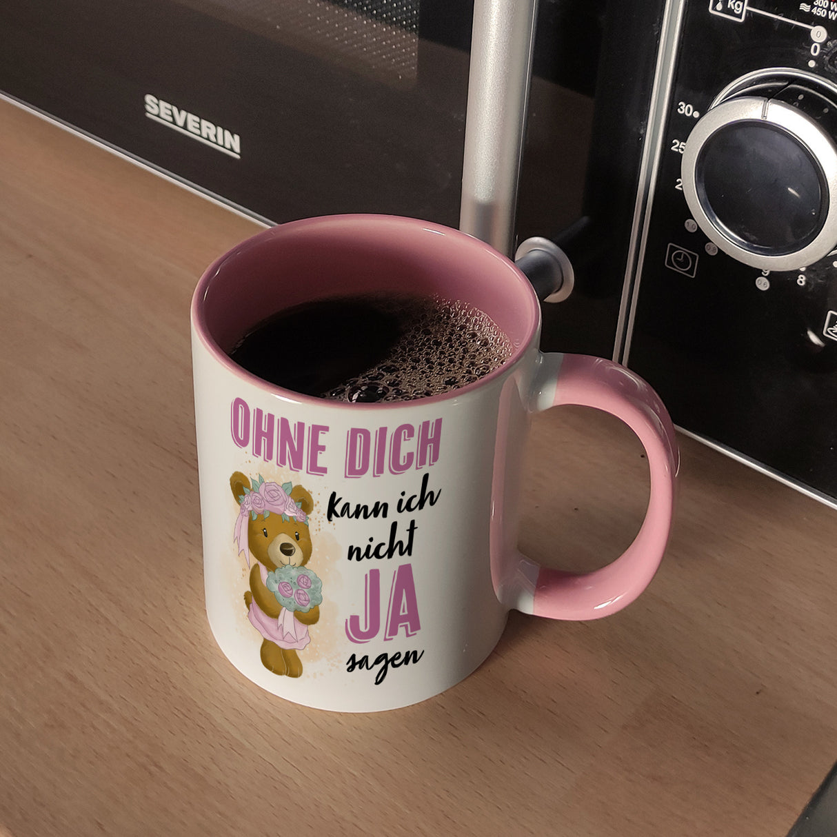 Trauzeugin Teddybär Kaffeebecher mit Spruch Ohne Dich nicht Ja sagen