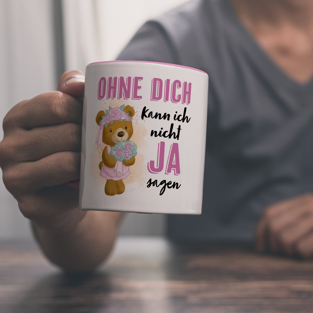 Trauzeugin Teddybär Kaffeebecher mit Spruch Ohne Dich nicht Ja sagen