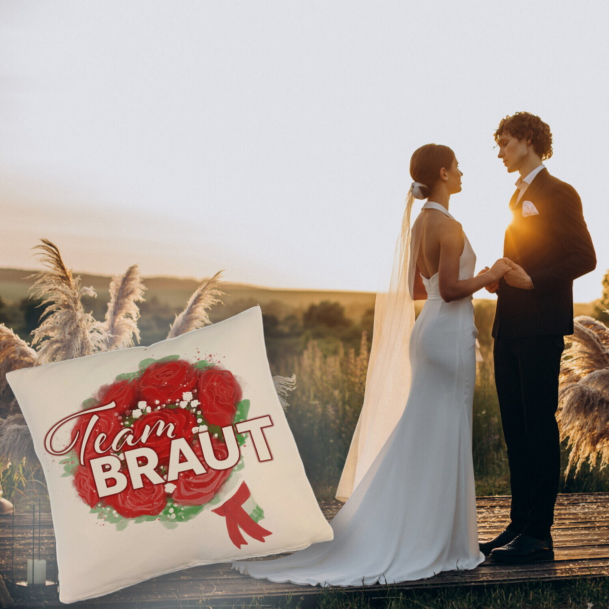Team Braut Kissen mit Rosenstrauß