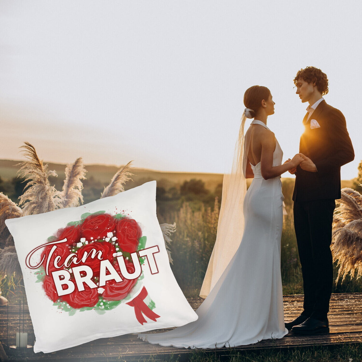 Team Braut Kissen mit Rosenstrauß
