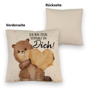 Biber Kissen mit Spruch Ich bin total vernagt in dich