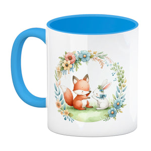 Fuchs und Hase mit Blumenkranz Kaffeebecher