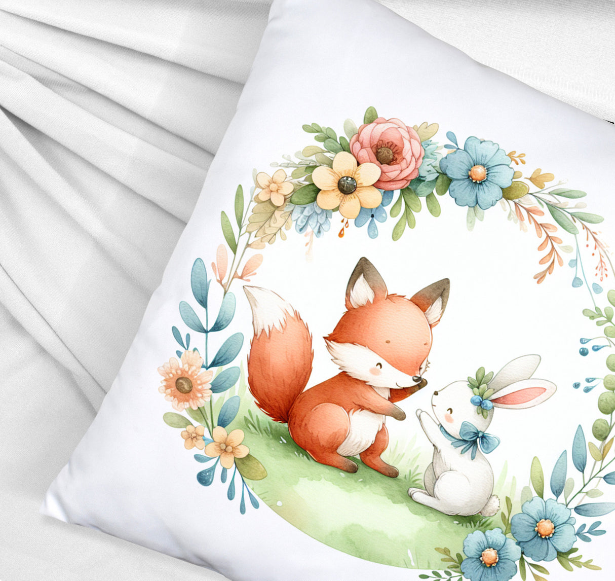 Fuchs und Hase mit Blumenkranz Kissen