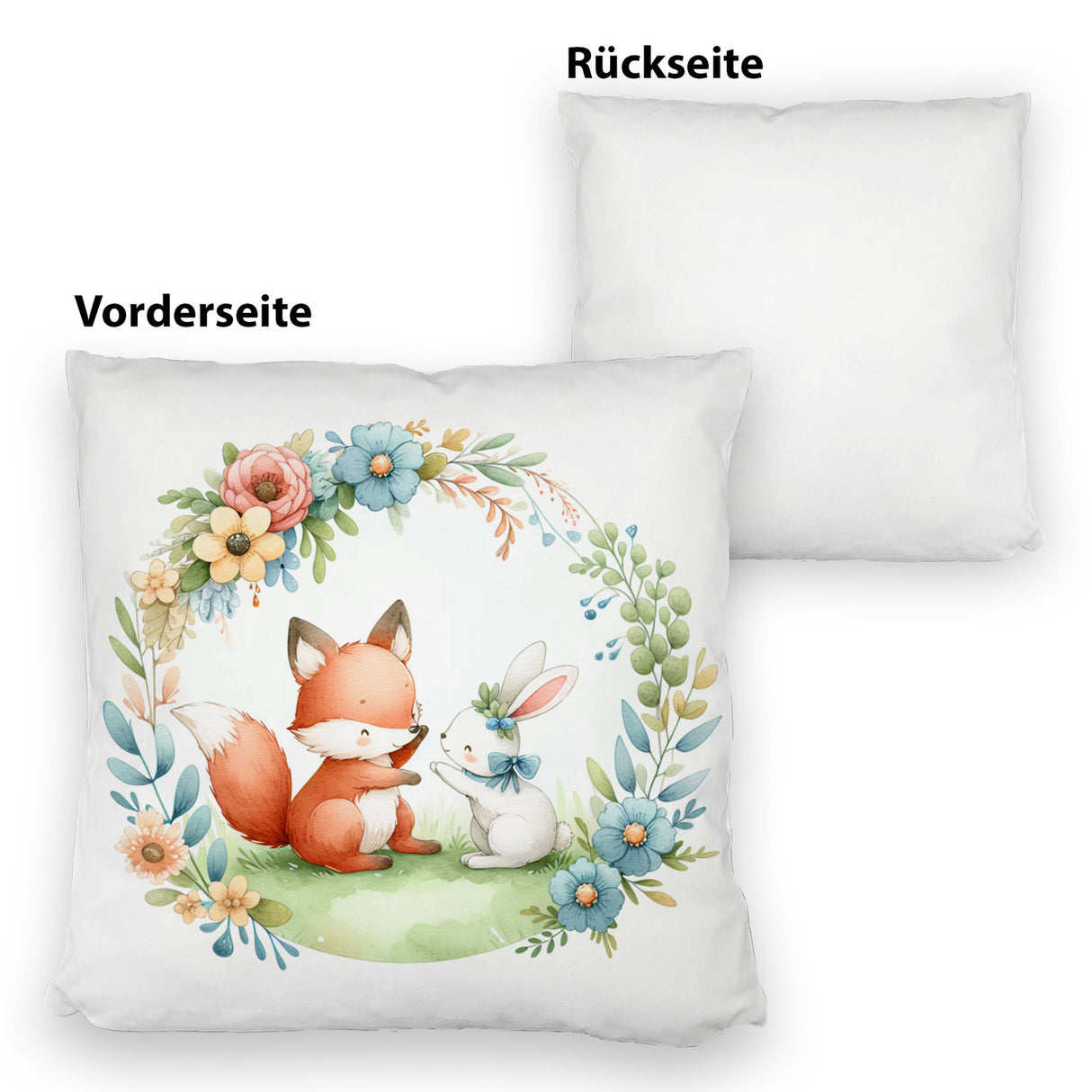 Fuchs und Hase mit Blumenkranz Kissen