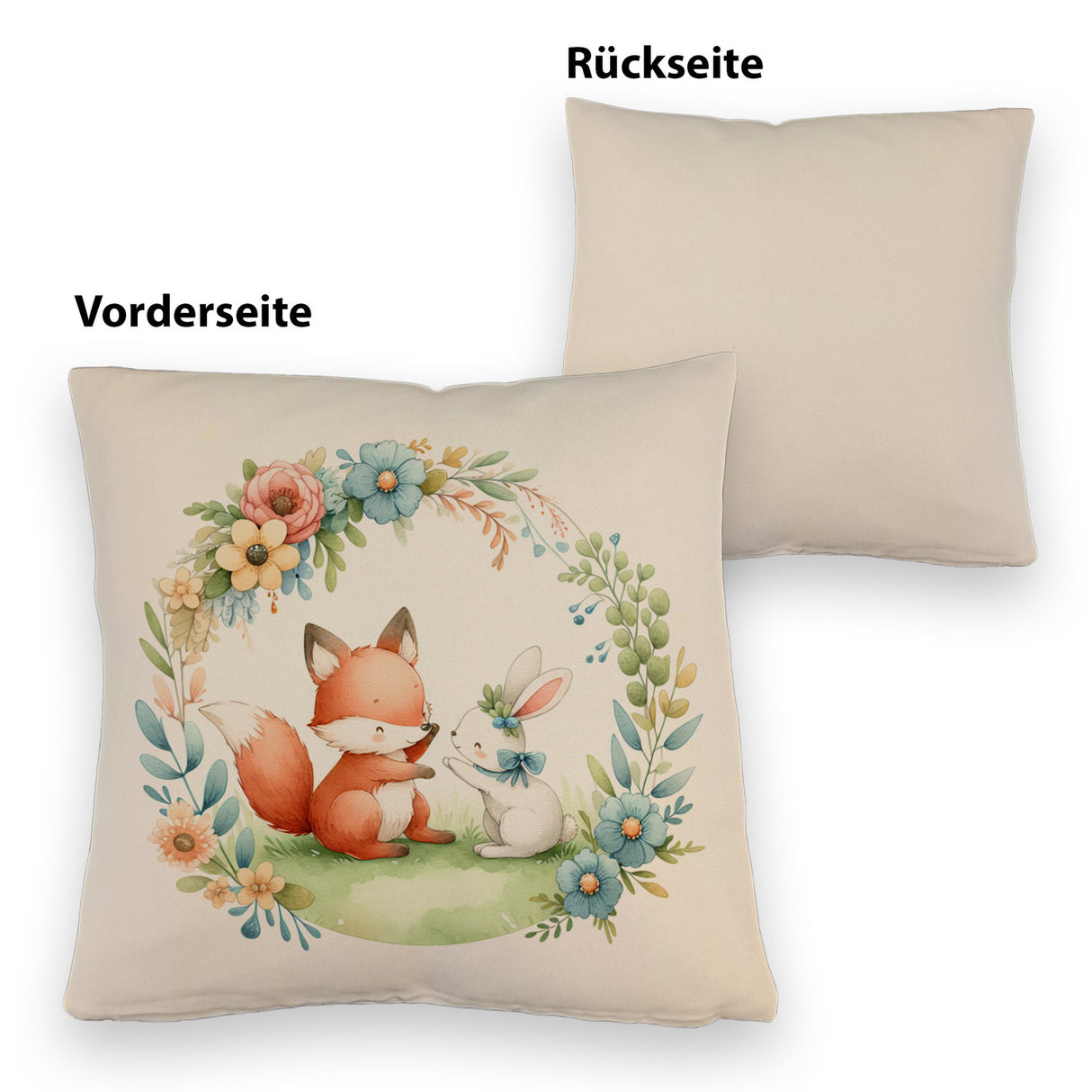 Fuchs und Hase mit Blumenkranz Kissen