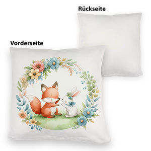 Fuchs und Hase mit Blumenkranz Kissen