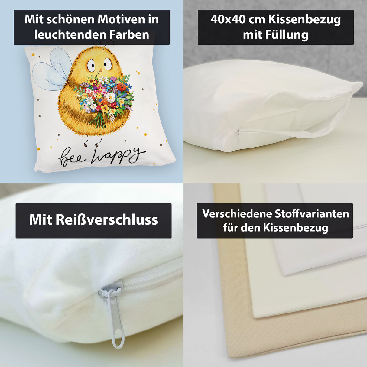Pummel Biene Kissen mit Spruch Bee happy