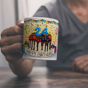24. Geburtstag Tasse mit Kuchen und Geschenk und Anhänger: zum 8766. Tag