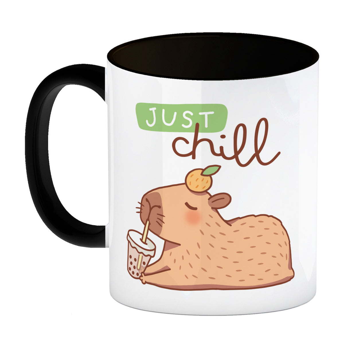 Capybara mit Bubble Tea Kaffeebecher mit Spruch Just Chill