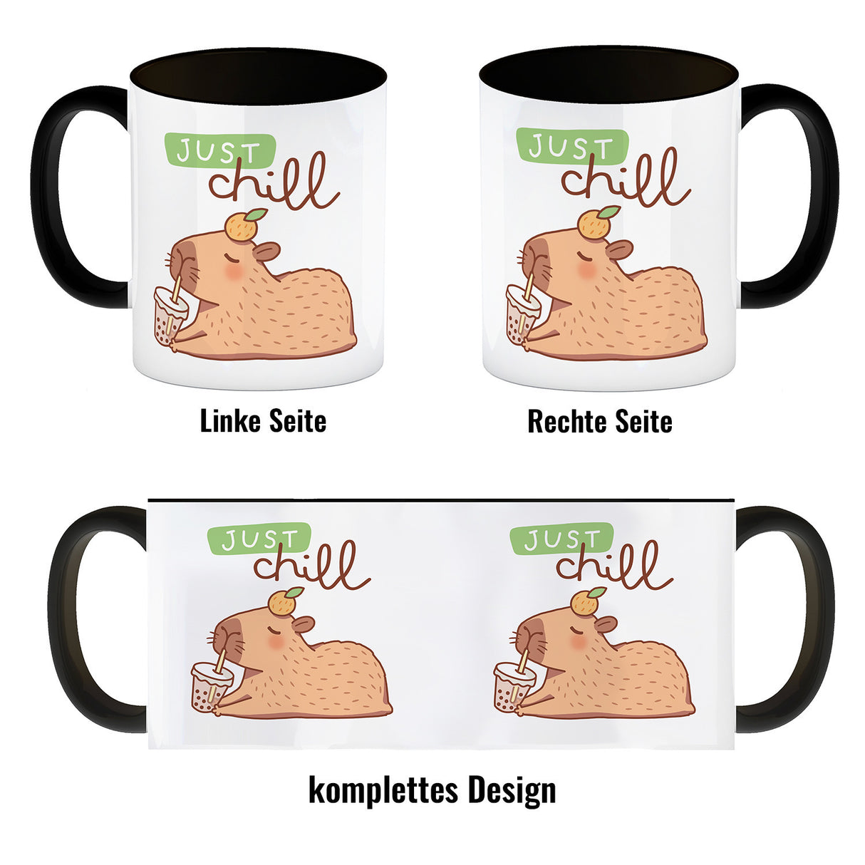 Capybara mit Bubble Tea Kaffeebecher mit Spruch Just Chill