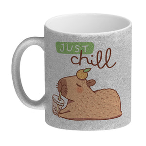 Capybara mit Bubble Tea Kaffeebecher mit Spruch Just Chill