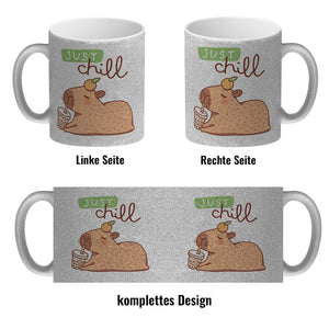 Capybara mit Bubble Tea Kaffeebecher mit Spruch Just Chill