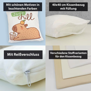 Capybara mit Bubble Tea Kissen mit Spruch Just Chill