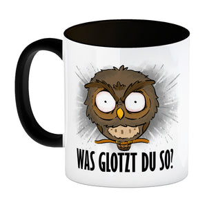 Eule Kaffeebecher mit Spruch Was glotzt du so?