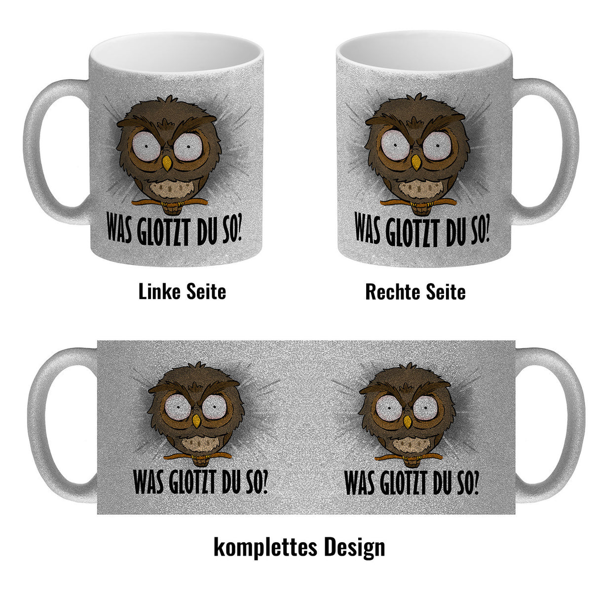 Eule Kaffeebecher mit Spruch Was glotzt du so?