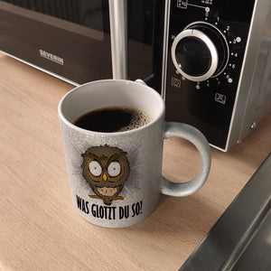 Eule Kaffeebecher mit Spruch Was glotzt du so?