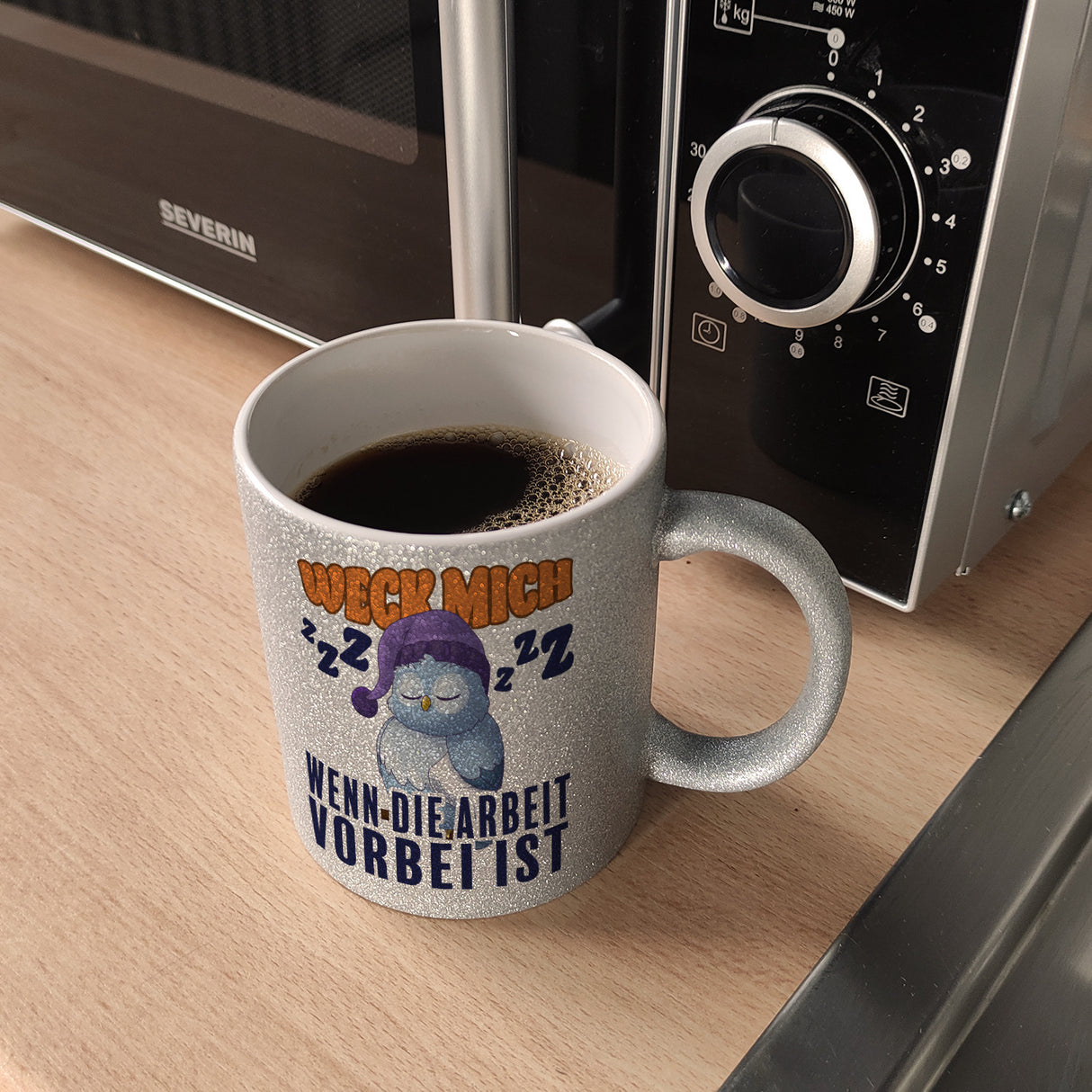 Schlafende Eule Kaffeebecher mit Spruch Weck mich wenn die Arbeit vorbei ist