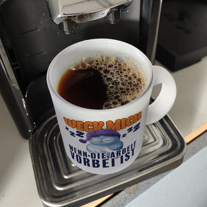 Schlafende Eule Kaffeebecher mit Spruch Weck mich wenn die Arbeit vorbei ist