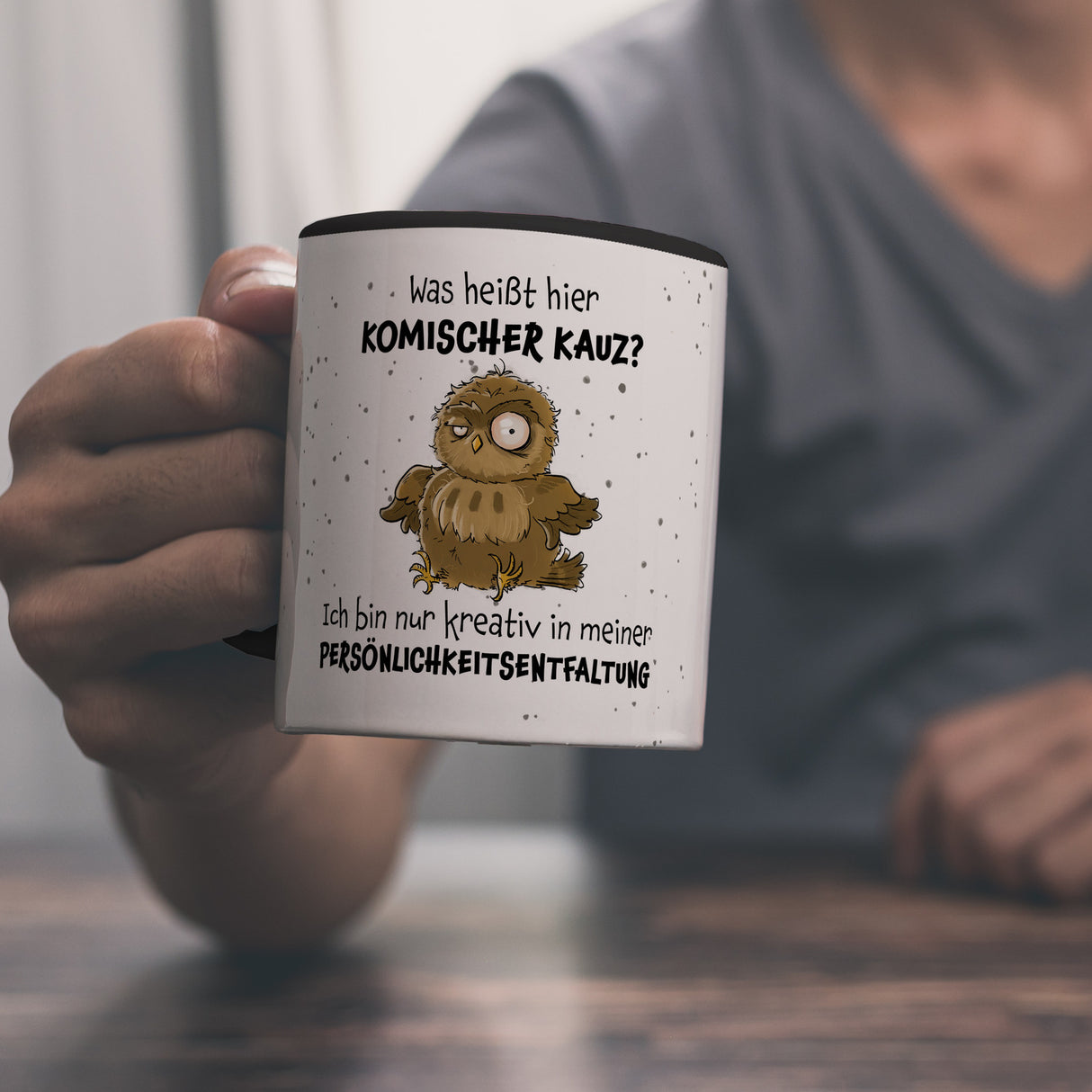 Eule Kaffeebecher mit Spruch Kreativ statt komischer Kauz