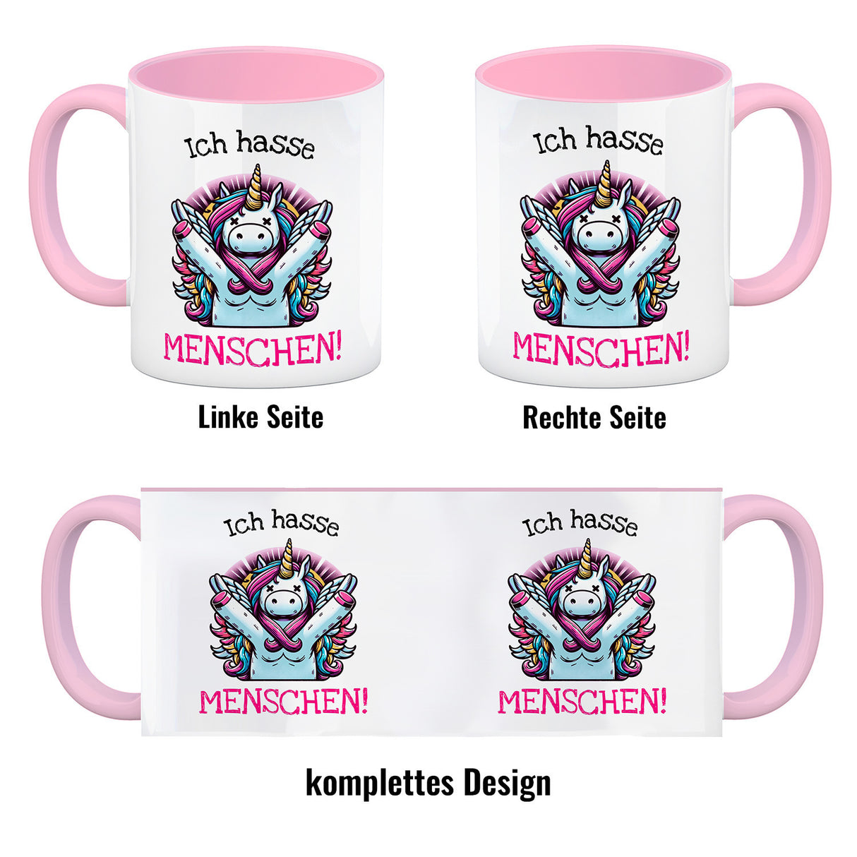 Einhorn Kaffeebecher mit Spruch Ich hasse Menschen!