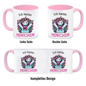 Einhorn Kaffeebecher mit Spruch Ich hasse Menschen!