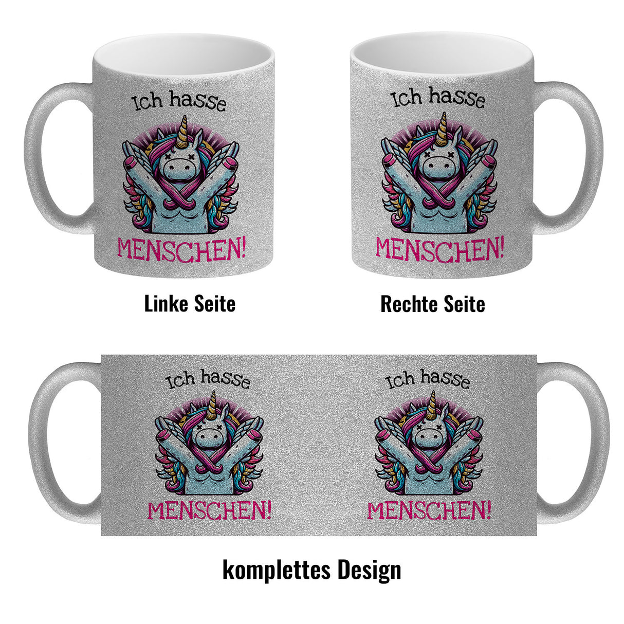 Einhorn Kaffeebecher mit Spruch Ich hasse Menschen!