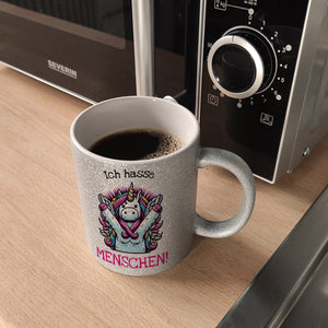 Einhorn Kaffeebecher mit Spruch Ich hasse Menschen!