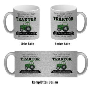 Traktor Kaffeebecher mit Spruch Kindheitsträume - Für immer Traktor fahren
