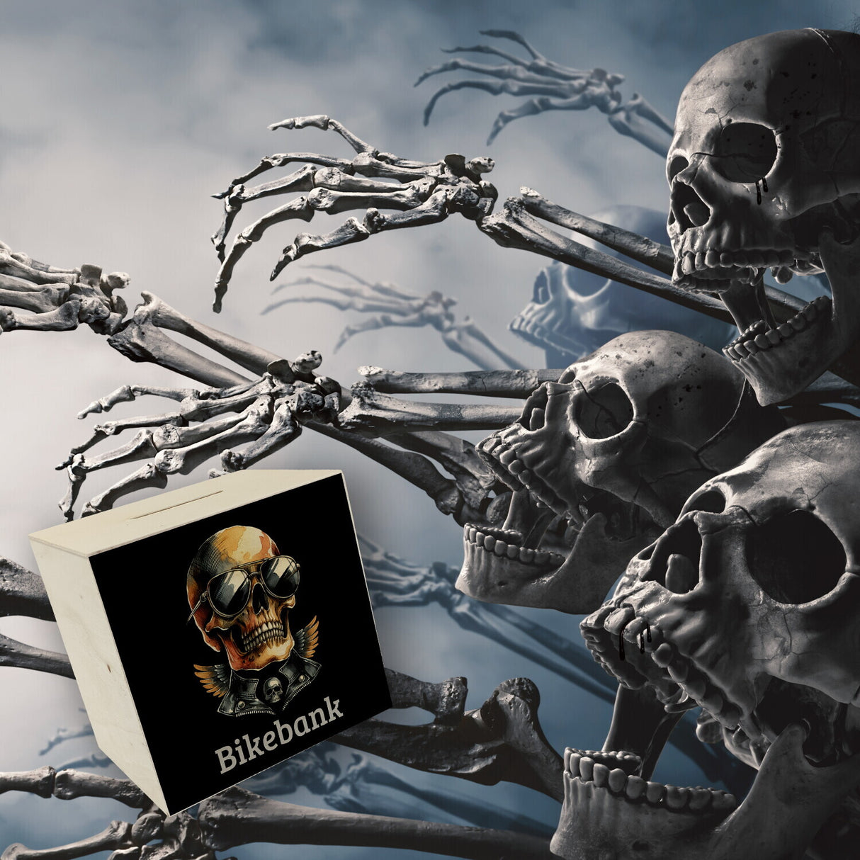 Rocker Totenkopf Spardose mit Spruch Bikebank