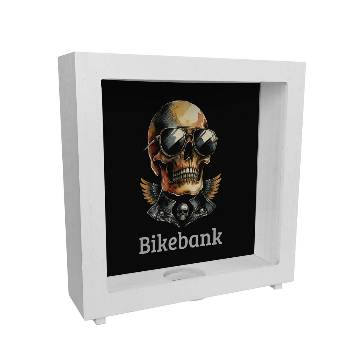 Rocker Totenkopf Spardose mit Spruch Bikebank