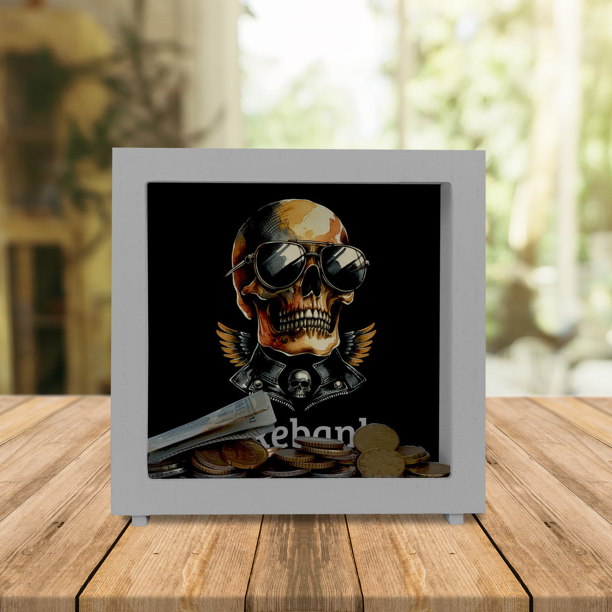 Rocker Totenkopf Spardose mit Spruch Bikebank
