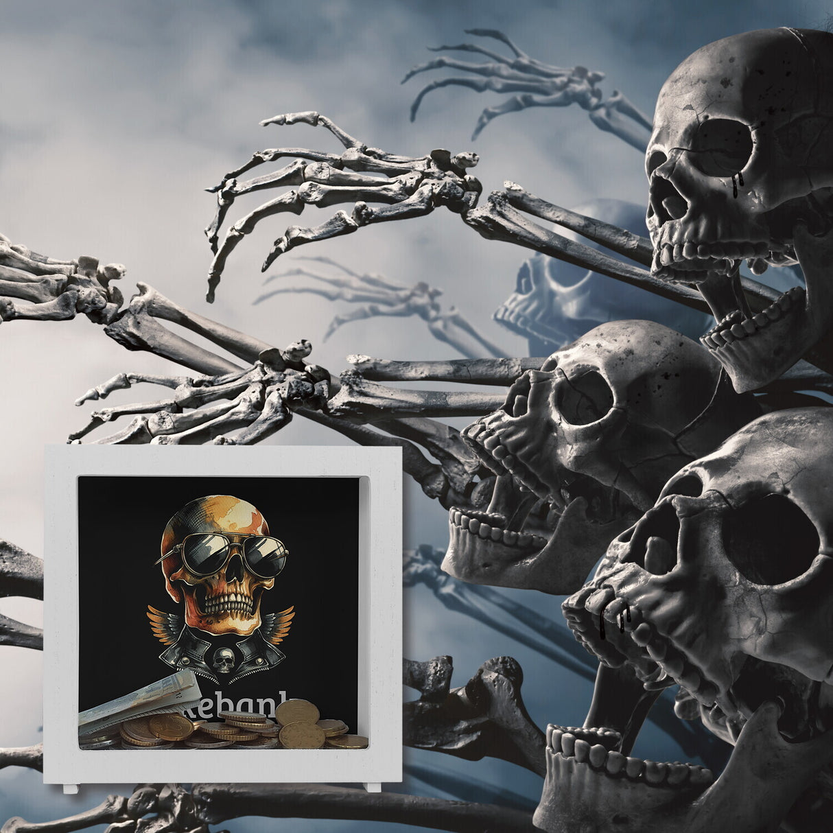 Rocker Totenkopf Spardose mit Spruch Bikebank
