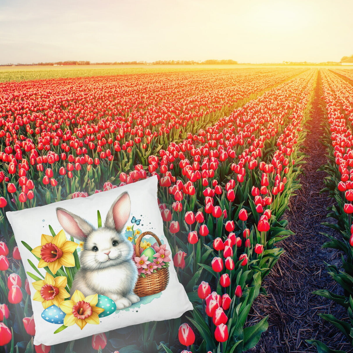 Niedlicher Osterhase mit Osterglocken Kissen