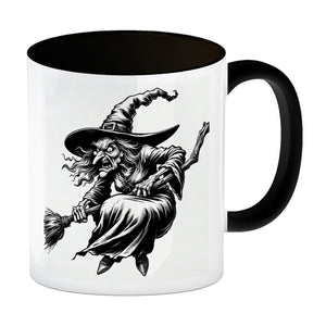 Böse Hexe auf Besen Kaffeebecher