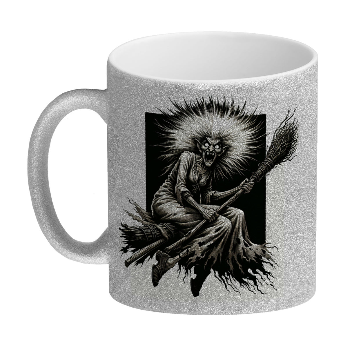 Wütende Hexe auf einem Besen Kaffeebecher