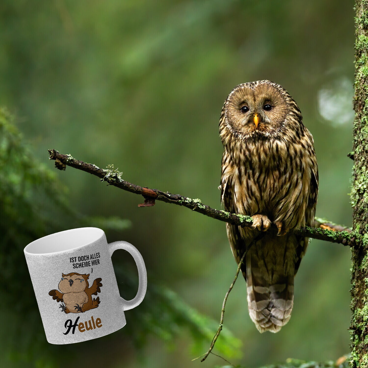 Eule - Heule Kaffeebecher mit Spruch Ist doch alles scheiße hier