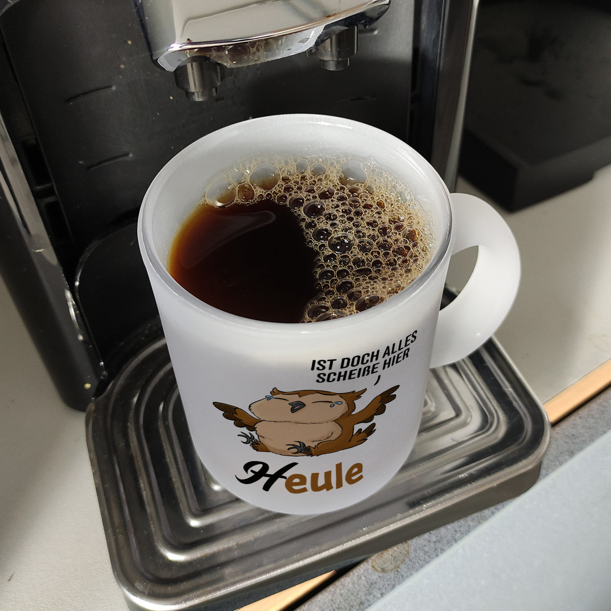 Eule - Heule Kaffeebecher mit Spruch Ist doch alles scheiße hier