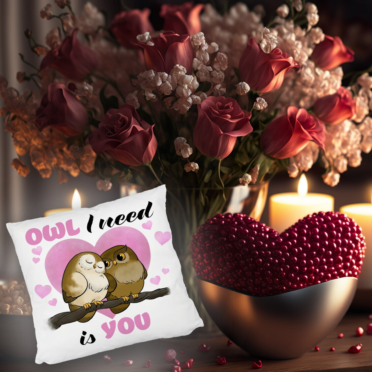 Eulenpaar Kissen mit Spruch Owl I need is you