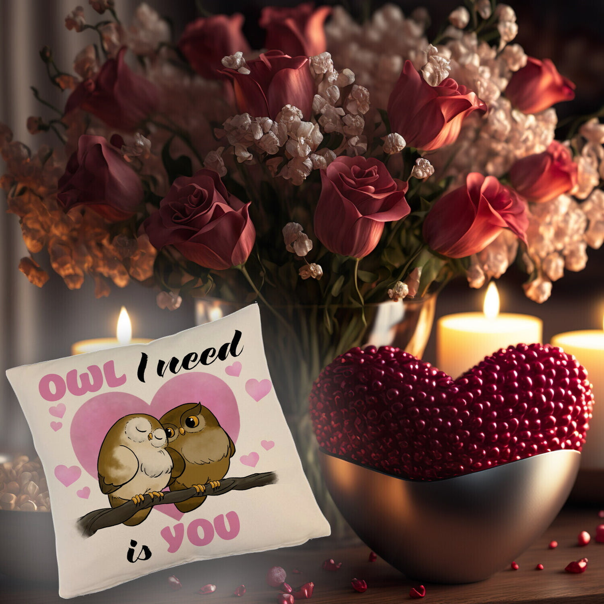 Eulenpaar Kissen mit Spruch Owl I need is you