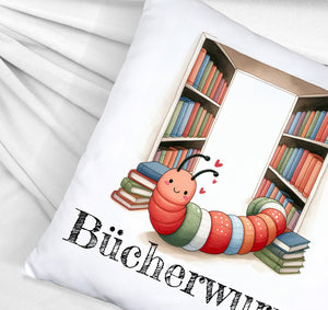 Bücherwurm Kissen mit Wurm in der Bibliothek