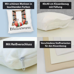 Bücherwurm Kissen mit Wurm in der Bibliothek