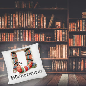 Bücherwurm Kissen mit Wurm in der Bibliothek