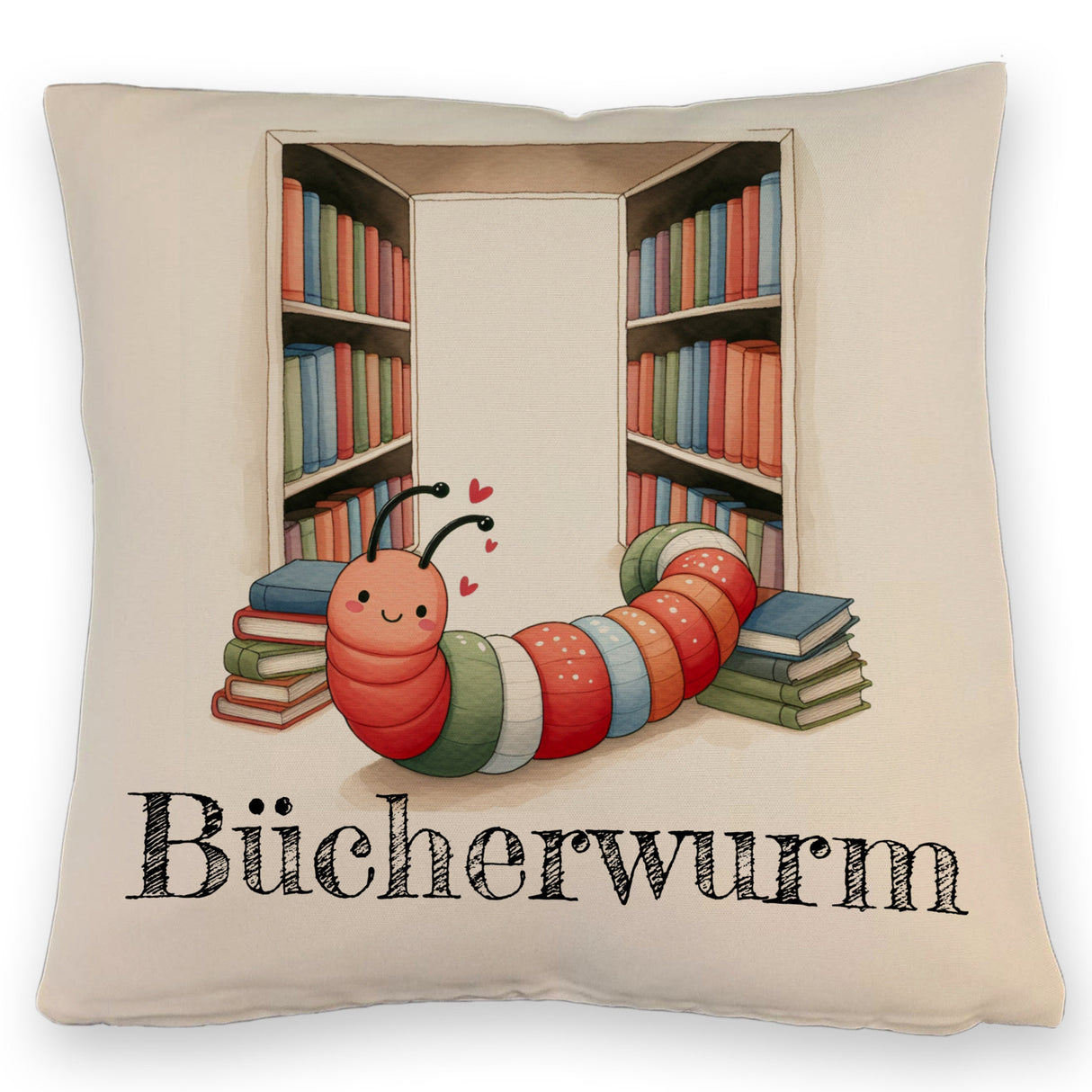 Bücherwurm Kissen mit Wurm in der Bibliothek